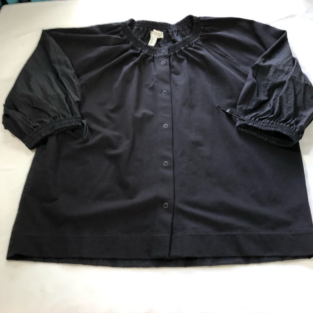 COS black blouse gathered neckline and 3/4 voluminous sleeves S lagenlook boxy